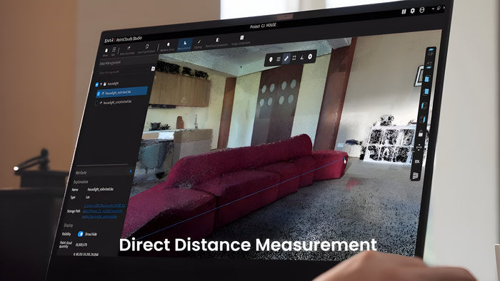 A handheld SLAM scan of a building interior open in SHARE PointClouds Studio, with a direct distance measurement across the room