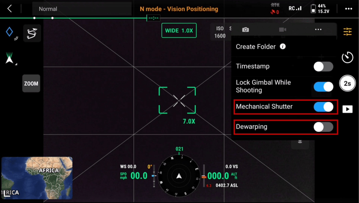DJI Pilot 2 on a mapping aircraft: mechanical shutter on, dewarping off. The PPK prep the live fix still needs