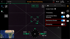 DJI Pilot 2 on a mapping aircraft: mechanical shutter on, dewarping off. The PPK prep the live fix still needs