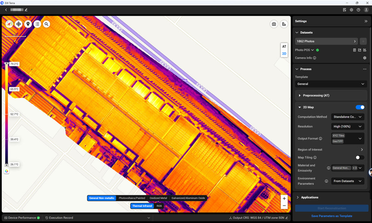 DJI Terra 5.3 2D thermal infrared map with temperature scale and material emissivity set from the dataset