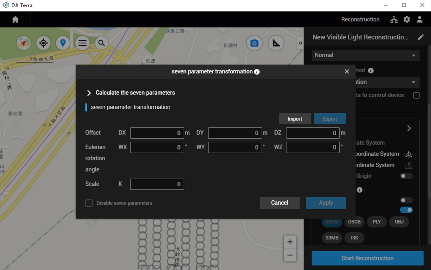 DJI Terra seven-parameter transformation dialog. The kind of screen a Ground Truth post has to explain