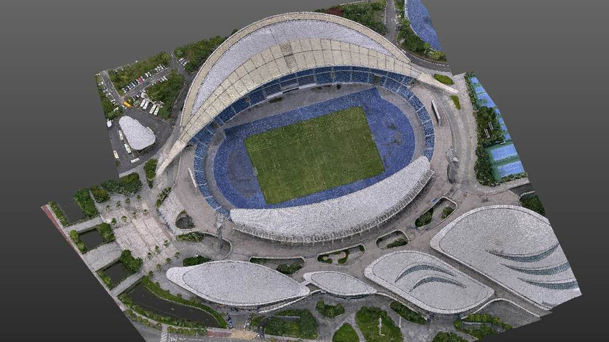 Aerial LiDAR of a stadium and grounds. The shell a drone pass can see