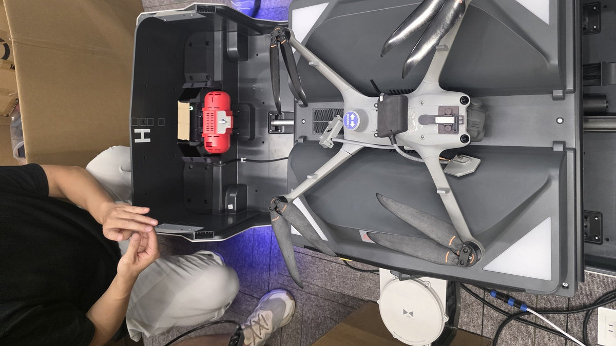 WindRise external payload hardware on a dock airframe, photographed in Shenzhen in May 2026