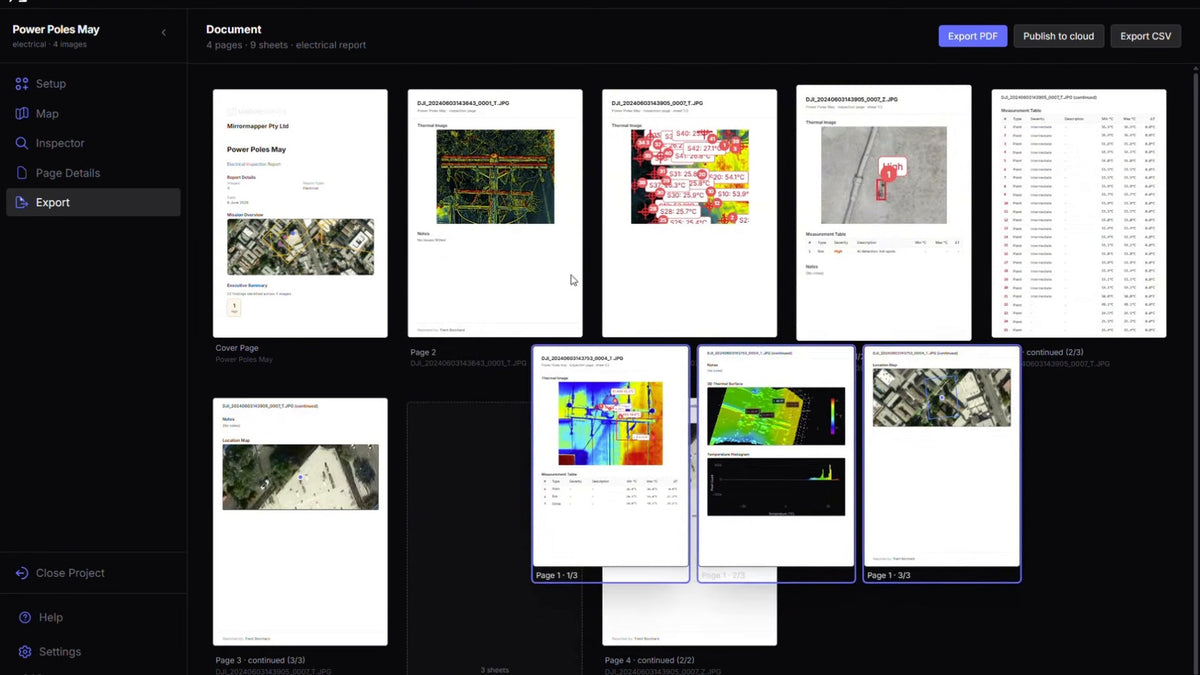Thermalmapper export view of an electrical inspection report, branded A4 pages ready to send