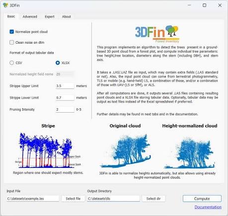 3DFin Forest Inventory window. Load a LAS, set stripe limits, write XLSX.