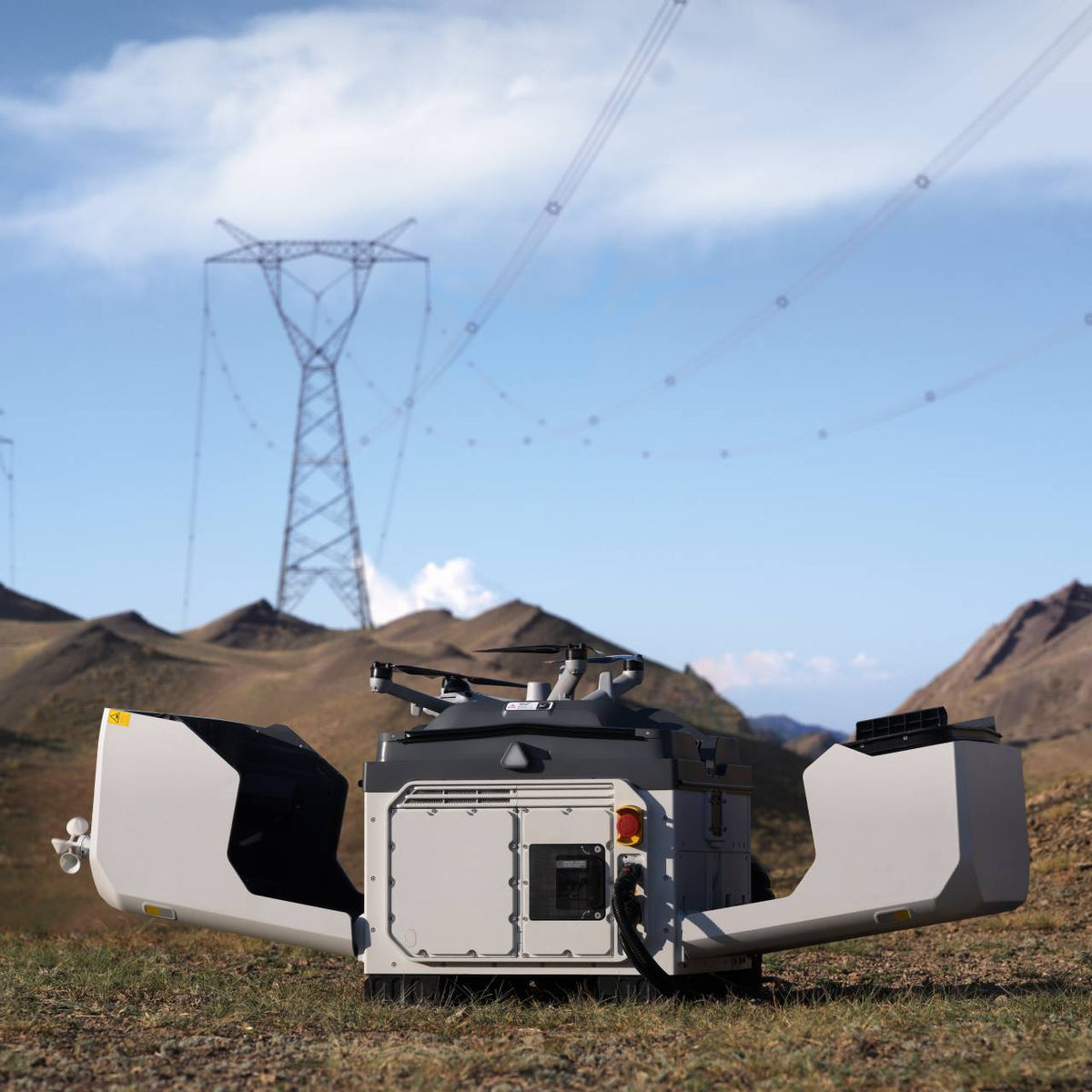 AI-generated concept of DJI Dock 4 deployed near power infrastructure