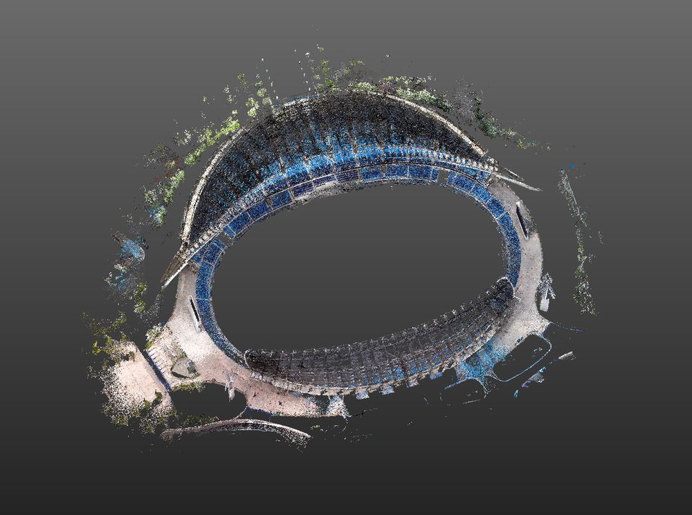The same stadium after the aerial and handheld clouds are registered into one file.