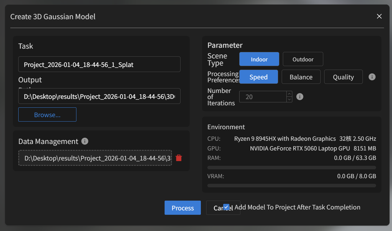 SHARE Point Cloud Studio Create 3D Gaussian Model dialog. Indoor scene type, Speed preference, iteration count, then Process.