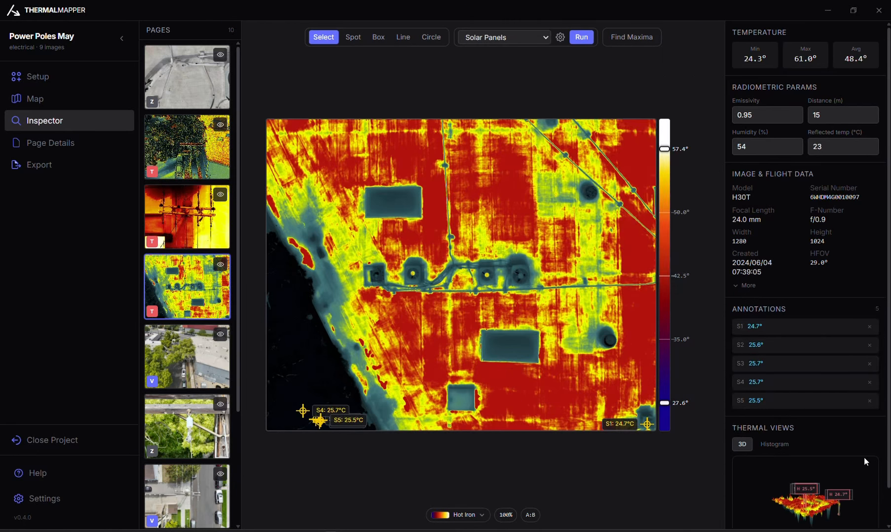 Thermalmapper map with GPS pins and field-of-view cones on Esri imagery